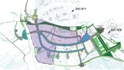 plan_zac A ce jour, la zone en mauve fait l’objet de réservations, elle représente le secteur en zone franche. En effet seul le quart de la ZAC N°II est défiscalisé. La zone est à 94% sur le ban communal de Didenheim (à droite) et se prolonge côté sud de la rocade, en passant dessous (à gauche). A noter : les nouveaux noms de la vallée 3 : rue de Bruxelles et rue de Strasbourg, rue de Rome, rue de Lisbonne…